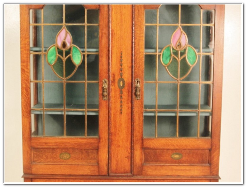 Antique Oak Bookcase With Glass Doors