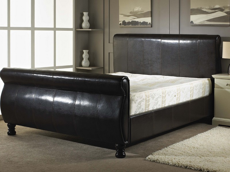 Black Leather Sleigh Bed King Size