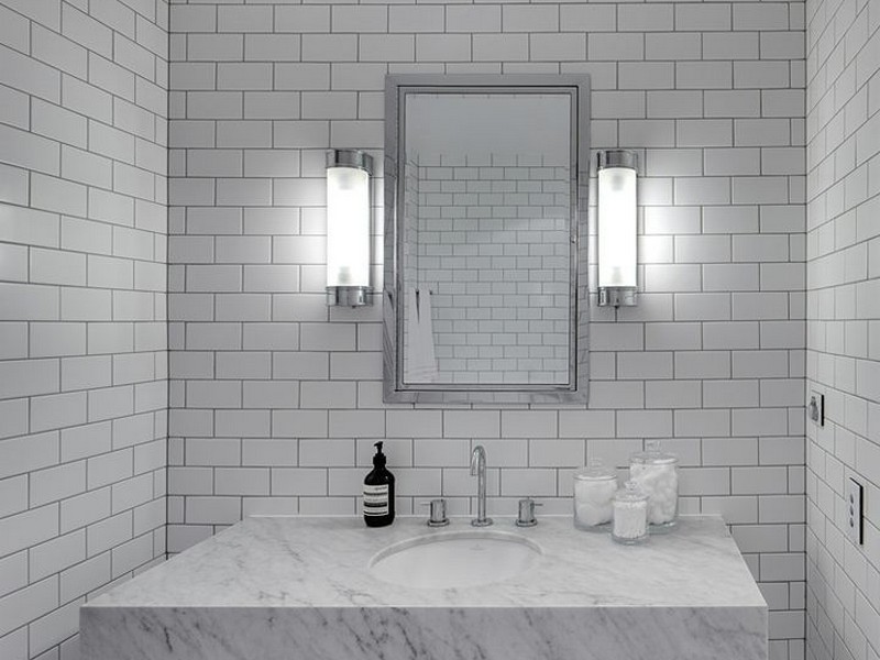 Gray Glass Subway Tile Bathroom