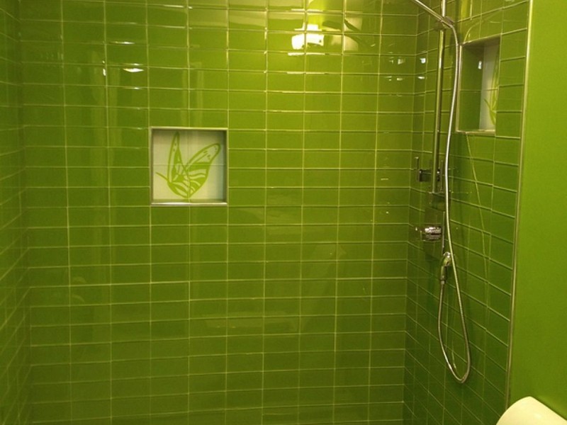 Green Glass Subway Tile Bathroom