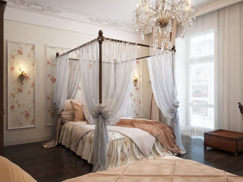 Fabulous Vintage Bedroom Decor Crystal Chandelier Canopy Bed Whi