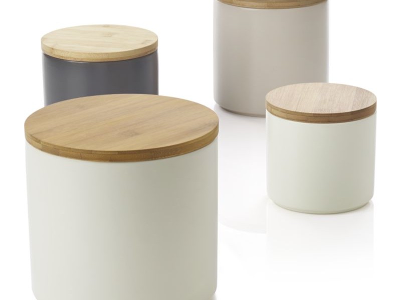 White Ceramic Canisters With Wood Lid